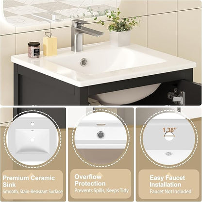 20" Freestanding Bathroom Vanity with Sink, Floor Stand Bathroom Storage Cabinet with Ceramic Sink, Door with Double-Layered Storage Shelves, Modern Compact Vanity with Divided Drawer, Black