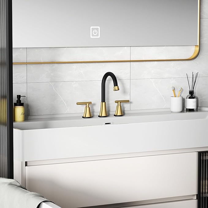 Bathroom Faucet 3 Hole, Black& Gold Faucets with Drain and Supply Lines | Hurran Stainless Steel Lead-Free Widespread Bathroom Sink Faucet for Vanity RV Restroom Laundry Outdoor Camper, 2 Pack