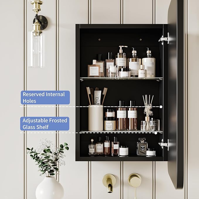 Vintage-Style Bathroom Wood Black Cabinet with 16.5''x24'' Black Metal Frame Curved Mirror, Recessed Medicine Cabinet, in Wall or Surface Mount Bathroom Storage Cabinet