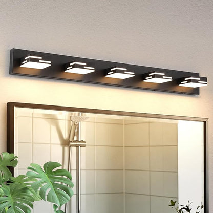 5-Light 5CCT Modern Bathroom Vanity Light Fixtures, 40-Inch 350° Rotatable LED Vanity Lights Over Mirror, Dimmable Matte Black Metal Wall Sconce 2700K-6000K Selectable