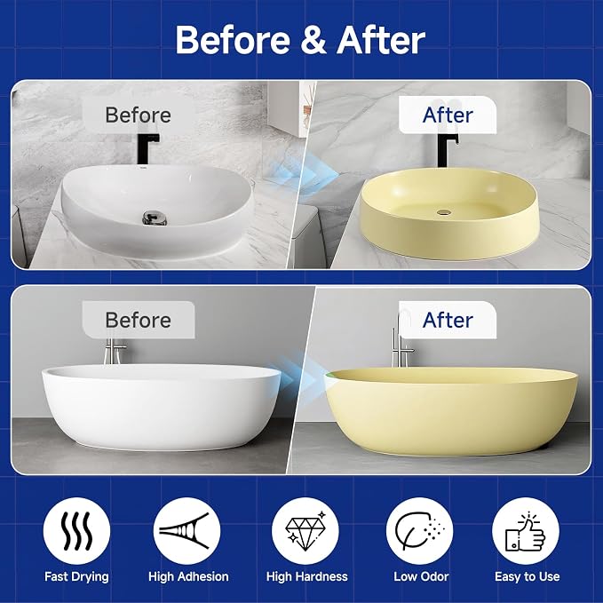 Tub and Tile Refinishing Kit with Tools, 35oz White Tile Paint Water Based & Low Odor, DIY Bathtub Paint, Easy to Use for Bathroom, Kitchen, Porcelain, Semi-Gloss, 50-60sq.ft(Lemon Yellow)