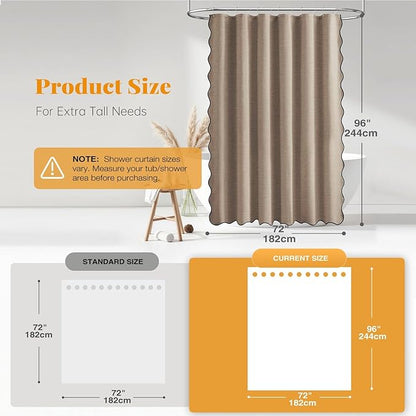 BTTN Extra Long Shower Curtain, 96 Inch Long Boho Scalloped Linen Textured Thick Fabric Shower Curtain Set with 12 Hooks, Large Vintage Luxury Waterproof Shower Curtains for Bathroom, 72x96, Tan/Taupe