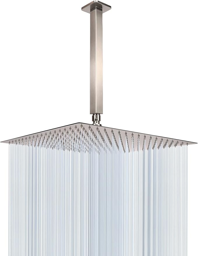 NearMoon Rain Shower Head With Shower Arm, Ceiling Mount Square Shower, Stainless Steel Ceiling Rainfall Showerhead- Waterfall Full Body Coverage (16 Inch, Brushed Nickel)
