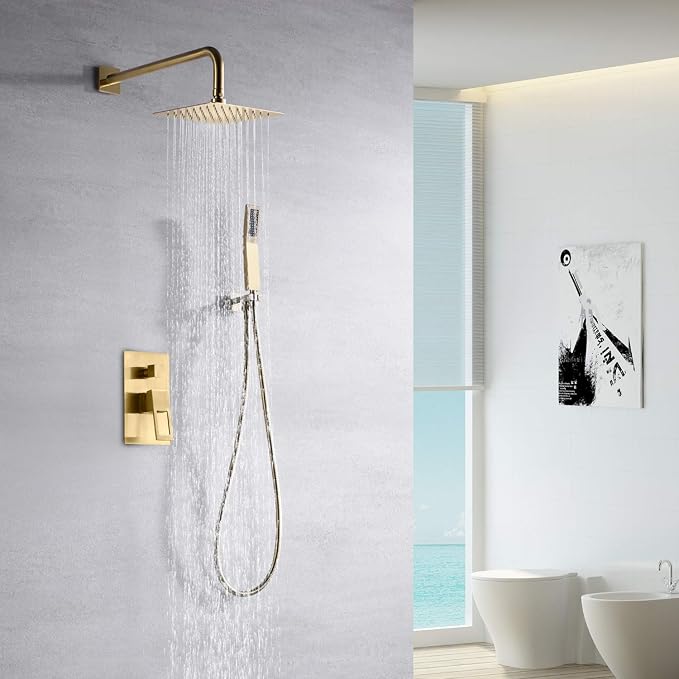 SUMERAIN Brushed Gold Shower System Pressure Balance Shower Faucet | 8 Inches Square Rain Shower Head, Hand Shower, Including Rough-In Valve, Anti-scald