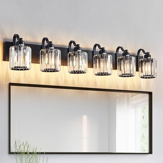Black Crystal Bathroom Lights Fixtures 6 Light Crystal Bathroom Vanity Lights Fixtures Over Mirror Modern Matte Black Bath Wall Lights with Round Shade (Exclude Bulb)