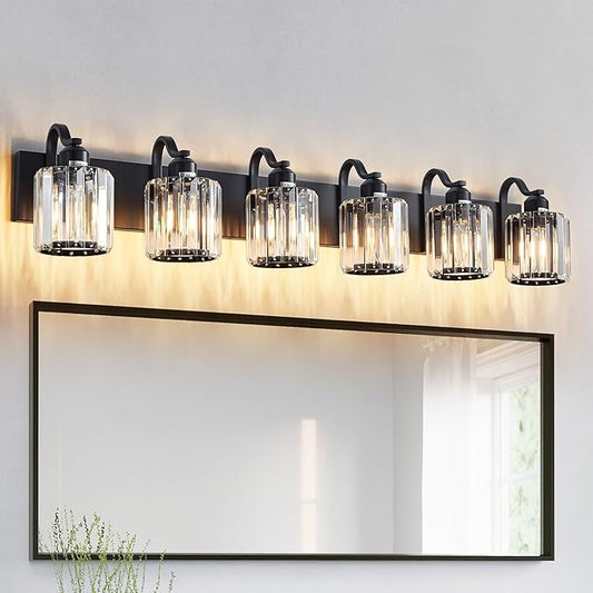 Black Crystal Bathroom Lights Fixtures 6 Light Crystal Bathroom Vanity Lights Fixtures Over Mirror Modern Matte Black Bath Wall Lights with Round Shade (Exclude Bulb)