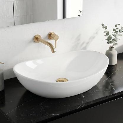 KES 20" x 13" Oval Vessel Sink for Bathroom Vanity Countertop, Glossy White Ceramic Bathroom Sink Bowl Above Counter, Boat Shape, Modern Look, Crafted to Endure, BVS139