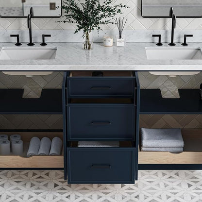 ARIEL Kelly 72-inch Bathroom Vanity with Sink,Solid Wood, 1.5-inch Italian Carrara Marble Countertop, Double Rectangular Porcelain Sink, 4 Soft Closing Doors, 5 Dovetail Drawers, Midnight Blue