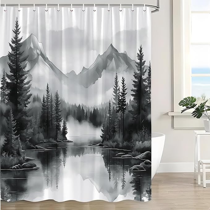 Black White Misty Forest Shower Curtain Mountain Foggy Pine Trees Landscape Watercolor Jungle Plant Rustic Nature Scenery Lake Fabric Bathroom Curtain Set with Hook