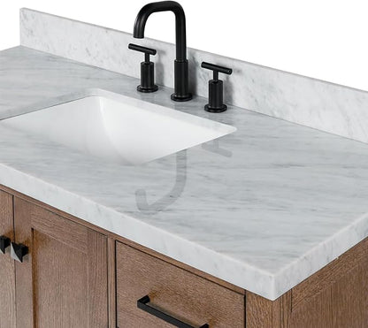 Beckford 48-Inch Brown Oak Single Bathroom Vanity with Sink, 1.5-Inch Edge Italian Carrara Marble Countertop & 4" Backsplash, Soft-Closing Doors & Drawers, Solid Oak Wood Construction