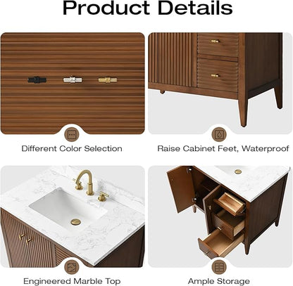 Vanity Art 36 inch Bathroom Vanity with Single Sink & Ceramic Top, Vanity Cabinet with Soft-Closing Door, Solid Wood Frame, Linear Pattern, Walnut, Golden Brushed Handware VA9136-Walnut-GB