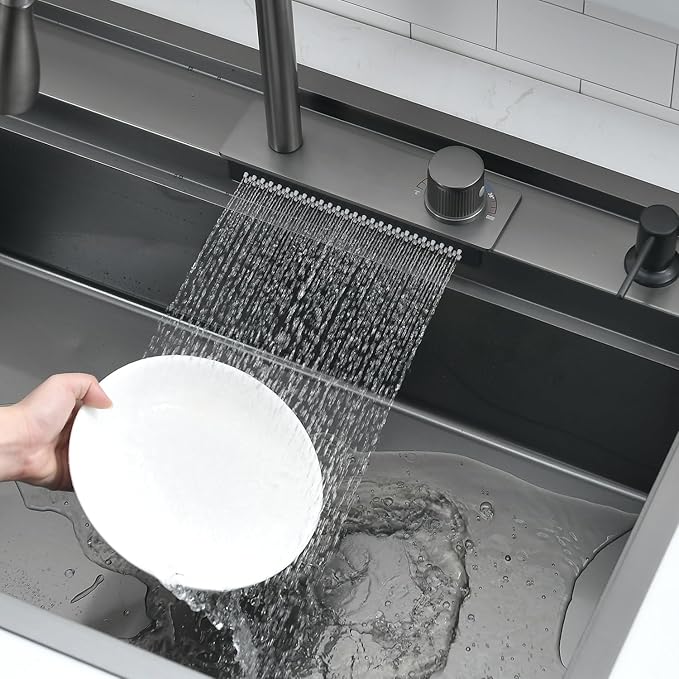 30 inch Black Drop in Kitchen Sink Workstation with Waterfall Faucet Combo -VOKIM 30x22 Drop in sink Workstation 16 Gauge Stainless Steel Single Bowl topmount Kitchen Sink with Waterfall Faucet