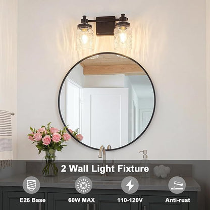 2 Light Bathroom Light Fixtures Farmhouse Black Vanity Lights | ETL Certificate, Easy to Install,Wall Mount Up or Down,Hammered Glass Lampshade,E26 Socket,Hardwired,120V
