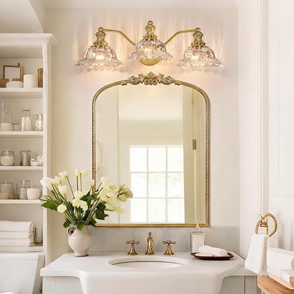 Brass Bathroom Light Fixtures Over Mirror, 3 Light Vintage Bathroom Vanity Light Fixture with Clear Flower Glass Shades, Retro Gold Wall Sconce E26 Vanity Lights for Bathroom Living Room