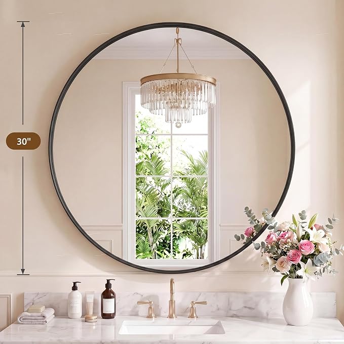 Sweetcrispy Round Bathroom Wall Mirror, Circle Vanity Mirror, 30 Inch | Matte Metal Frame, Over Sink Home Decor, Living Room Bedroom Entryway Style, Black
