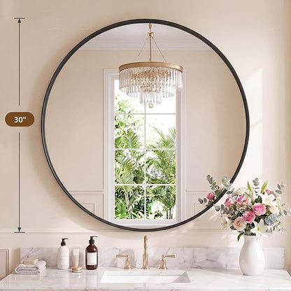 Bathroom Round Mirrors for Over Sink, 30 Inch Wall Circle Mirror with Matte Metal Frame, Modern Wall Mount Vanity Mirror for Home Decor, Living Room, Bedroom, Black