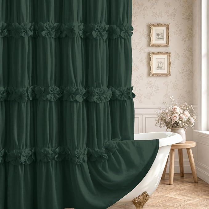 Ruffle Farmhouse Linen Shower Curtain with Vintage Dark Green 72" W x 72" H | Linen Blend Fabric, Ruffle Bow and Ruffled Hem，Linen Texture，Machine Washable，12 Metal Holes and Plastic Hooks