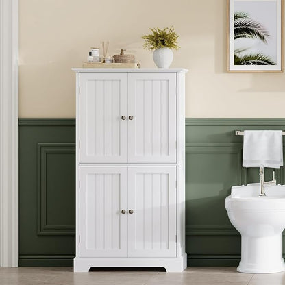 ChooChoo Bathroom Floor Cabinet with Adjustable Shelves | Bathroom Storage Cabinet, 4 Doors, Freestanding Cupboard for Living Room, Kitchen Pantry, White