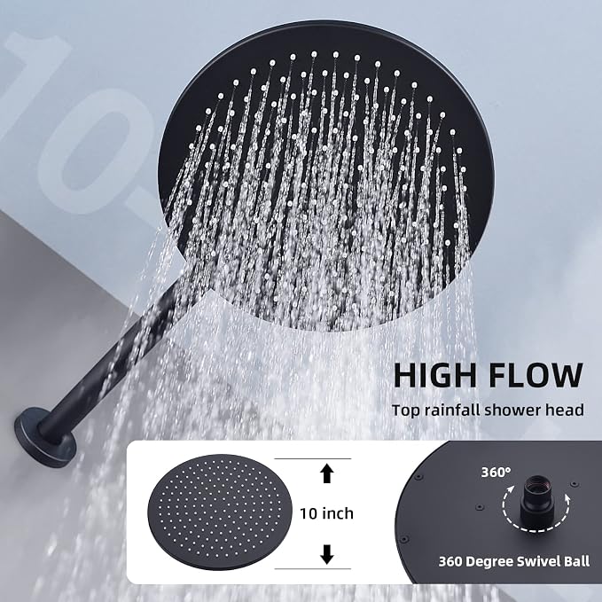 TRUSTMI 10" Push Button Rain Shower, Pressure Balanced Valve, Matte Black | Solid brass wall mount kit with handheld sprayer. cUPC anti-scald valve protects the whole family