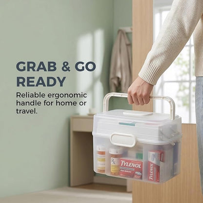 Portable Medicine Organizer Box & First Aid Kit Container – 3-Layer Folding Storage Bin with Handle & Latch, Clear Medical Supply Case for Home, Dorm, Sewing – w/ 2 Pill Pods & Labels
