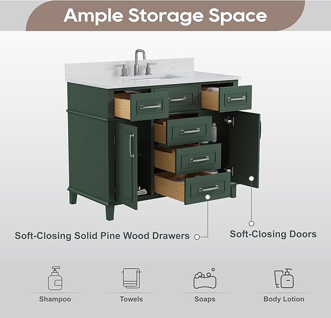 42 Inch Green Bathroom Vanity with Sink, Fully Assembled Bathroom Vanities with Soft Closing Doors & Dovetail Drawers, Solid Wood Vanity with Sink, 42 Inch Vanity for Bathroom