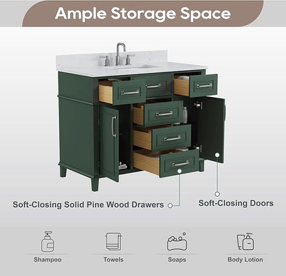 42 Inch Green Bathroom Vanity with Sink, Fully Assembled Bathroom Vanities with Soft Closing Doors & Dovetail Drawers, Solid Wood Vanity with Sink, 42 Inch Vanity for Bathroom