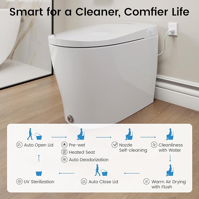 Smart Toilet With Built-in Bidet, Elongated Bidet Toilet, Instant Warm Water Wash, Auto Flush, Auto Open/Close, Heated Seat, Dryer, Night-Light, and Flush Capability During a Blackout - YA80