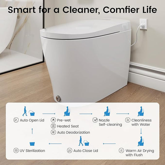 Smart Toilet With Built-in Bidet, Elongated Bidet Toilet, Instant Warm Water Wash, Auto Flush, Auto Open/Close, Heated Seat, Dryer, Night-Light, and Flush Capability During a Blackout - YA80