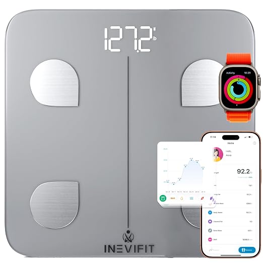 INEVIFIT Smart Body Fat Scale, Highly Accurate Bluetooth Digital Bathroom Body Composition Analyzer, Measures Weight, Body Fat, Water, Muscle, Visceral Fat & Bone Mass for Unlimited Users (Silver)