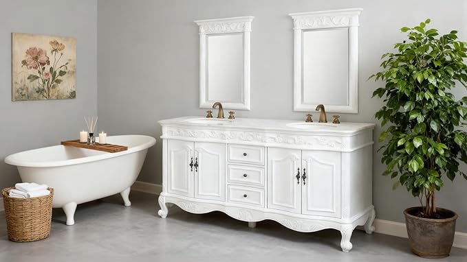 Benton Collection 64” Beckham Antique White Double Sink Bathroom Vanity with 2 Mirrors CF-3882W-AW-64-MIR-MIR