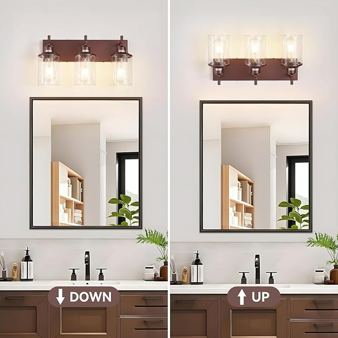 3-Light Bronze Bathroom Light Fixtures Over Mirror,Modern Bathroom Vanity Light with Clear Glass Shade, Wall Sconce for Bathroom Hallway Cabinet Bedroom Kitchen Living Room Foyer E26 Base