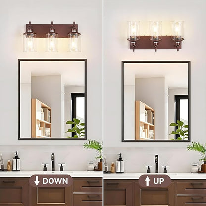 3-Light Bronze Bathroom Light Fixtures Over Mirror,Modern Bathroom Vanity Light with Clear Glass Shade, Wall Sconce for Bathroom Hallway Cabinet Bedroom Kitchen Living Room Foyer E26 Base