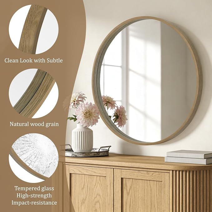 Round Wood Mirror, 36" Round Modern Decoration Large Circle Wall Mirror for Bathroom Living Room Bedroom Entryway, Honey