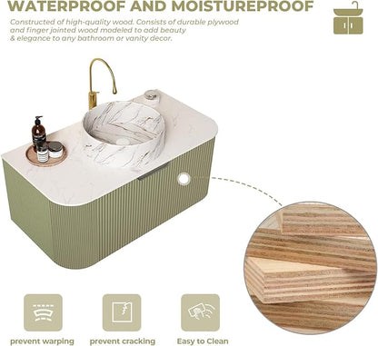 LKTART 36 Inch Floating Bathroom Vanity with Sink, Modern Wall Mounted Bathroom Storage Cabinet with Drawer, Stone Pattern Round White Ceramic Sink Top and Marble Texture Top, Green
