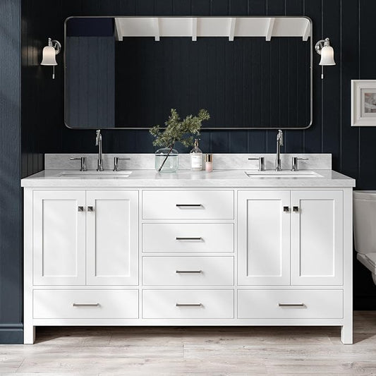ARIEL Cambridge 72-inch Bathroom Vanity with Sink,Solid Wood, 1.5-inch Italian Carrara Marble Countertop, Double Rectangular Porcelain Sink, 4 Soft Closing Doors, 6 Dovetail Drawers, White