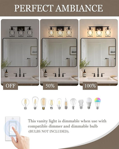 3-Light Oil Rubbed Bronze Bathroom Light Fixtures Over Mirror, 21" UL-Listed Modern Farmhouse Wall Sconce Lights with Clear Glass and Metal Cage for Bath, Hardwire E26, CH9176ORB-3W