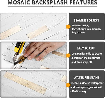 STICKGOO 20 Sheets Peel and Stick Backsplash Tile, Stick on Backsplash for Kitchen and Bathroom, White Sandstone Look PVC Mixed Metal Gold Self Adhesive Wall Tiles