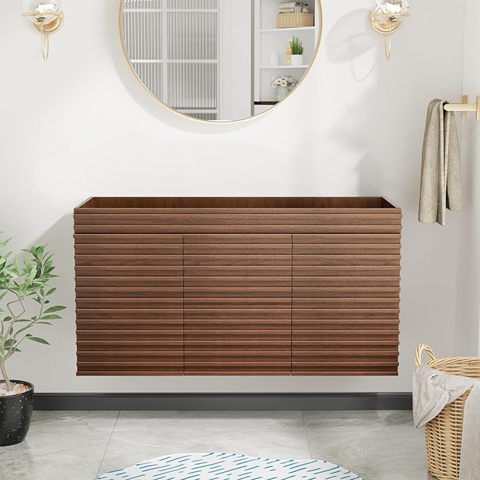 ROOMTEC 48" Bathroom Vanity, Mid-Century Wall Mounted Floating Cabinet with 2 Closing Doors, Wood Grain Texture, Walnut (Sink Basin Not Included)