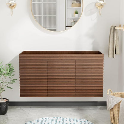 ROOMTEC 48" Bathroom Vanity, Mid-Century Wall Mounted Floating Cabinet with 2 Closing Doors, Wood Grain Texture, Walnut (Sink Basin Not Included)