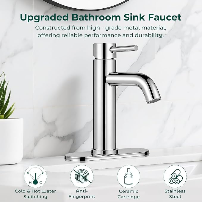 Bathroom Faucet, Single Handle Vanity Sink Faucet, Chrome | Chrome, for 1/3-Hole, Stainless Steel, Ceramic Cartridge, Pop-Up Drain, Deck Plate, For Vanity Powder Laundry