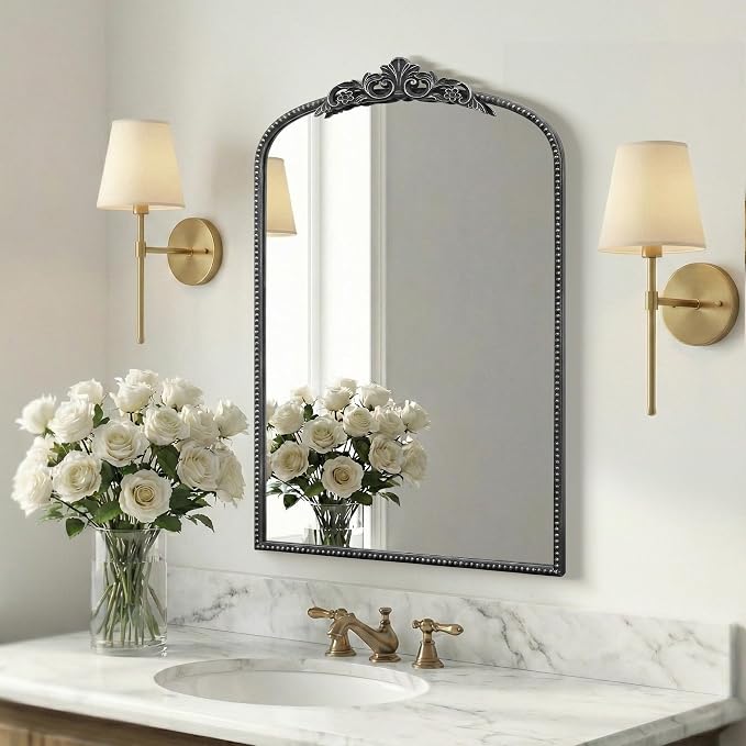Micasso Bathroom Mirrors for Over Sink: 24"x36" Balck Vintage Arched Mirror | Traditional Ornate Baroque Decorative Antique Wall Mirror for Bedroom/Entryway/Hallway/Dresser/Vanity/Mantel/Nightstand