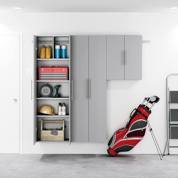 Prepac HangUps 24'' Upper Cabinet, Wall Hanging Storage Cupboard for Garage, Bathroom, Kitchen, Laundry Room Organization, Light Gray with Satin Nickel Handles