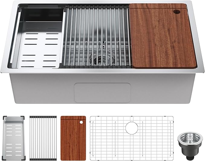 VEVOR 32 inch Kitchen Single Sink, 304 Stainless Steel Undermount Sink Drop-In Single Bowl Farmhouse Basin with Ledge & Multiple Accessories, Household Dishwasher Sinks for Prep Kitchen, Bar 32"*19"