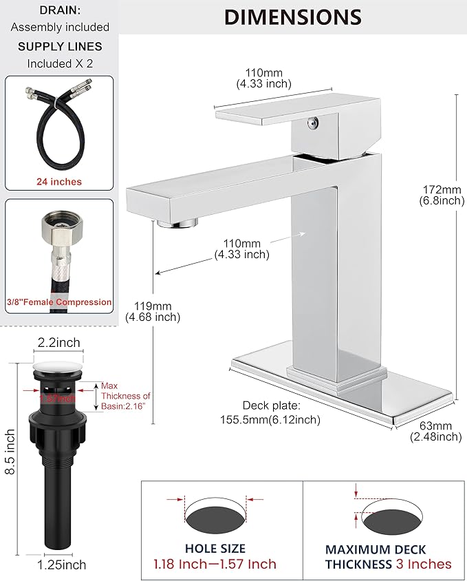 Midanya Bathroom Faucets 1 Hole, Single Handle Stainless Steel Bathroom Sink Faucet, Modern Vanity Faucets with Deck Plate,Water Supply Hoses and Pop Up Drain,Polish Chrome