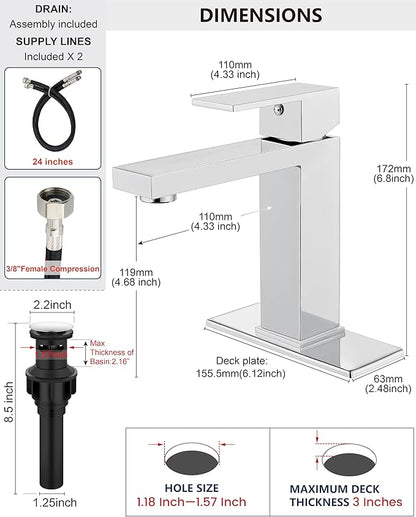 Midanya Bathroom Faucets 1 Hole, Single Handle Stainless Steel Bathroom Sink Faucet, Modern Vanity Faucets with Deck Plate,Water Supply Hoses and Pop Up Drain,Polish Chrome