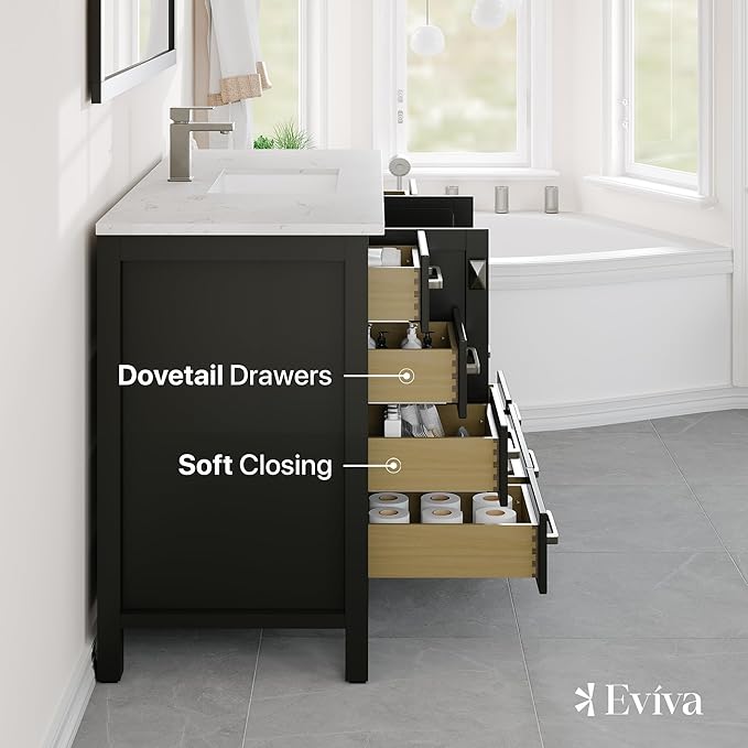 Eviva London 48 x 18 inch Espresso Transitional Bathroom Vanity with White Carrara Quartz Countertop and Undermount Porcelain Sink