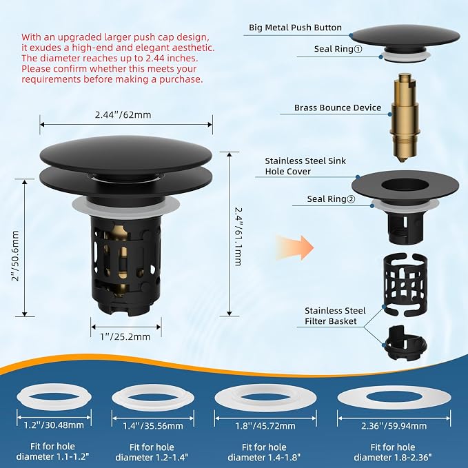 Hibbent Upgraded 3 in 1 Bathroom Sink Drain Strainer, Pop Up Sink Stopper with Big Push Cap, Anti-Clogging Metal Filter Basket,Sink Plug with Hair Catcher for 1.1''~2.36'' Basin, Matte Black
