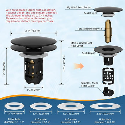 Hibbent Upgraded 3 in 1 Bathroom Sink Drain Strainer, Pop Up Sink Stopper with Big Push Cap, Anti-Clogging Metal Filter Basket,Sink Plug with Hair Catcher for 1.1''~2.36'' Basin, Matte Black
