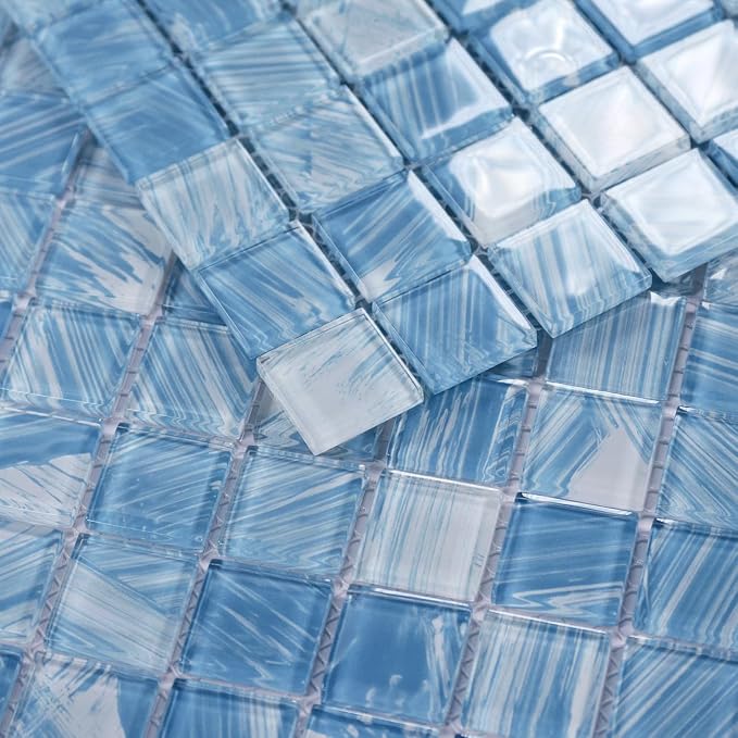 8PC Glass Mosaic Pool Tile, Blue Waterproof Floor & Wall Tiles for Bathroom | Heat & frost resistant for Kitchen Backsplash & outdoors. Mesh-mounted easy install. Easy clean. 8 Sq.ft Blue Crystal