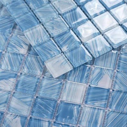 8PC Glass Mosaic Pool Tile, Blue Waterproof Floor & Wall Tiles for Bathroom | Heat & frost resistant for Kitchen Backsplash & outdoors. Mesh-mounted easy install. Easy clean. 8 Sq.ft Blue Crystal